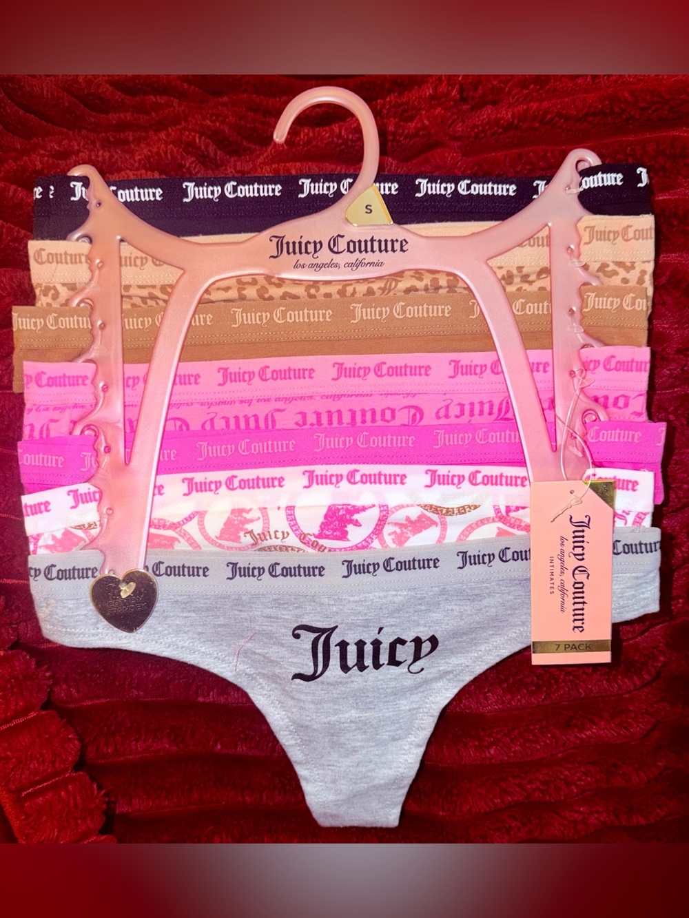 Juicy Couture 7-Pack Logo Thong Set - Gray, Black, Pink & Neutral Mix